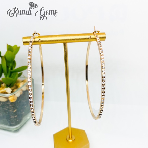 Big Gold Rhinestone Hoop Earrings Bling Earrings - Picture 3 of 4